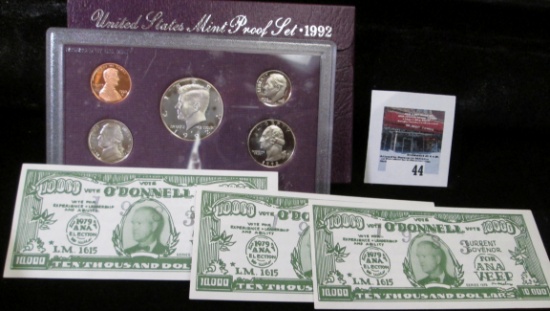 1992 S U.S. Cameo Proof Set & (3) Vote O'Donnell $10,000 Campaign Scrip for 1979-1983 ANA VEEP.