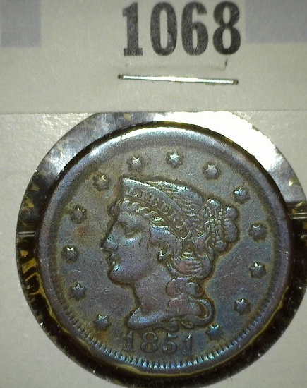 1851 large cent, VF toned Rebook value $40