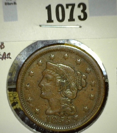 1855, large cent, slanted 5s knob on ear variety, VF Redbook value $55