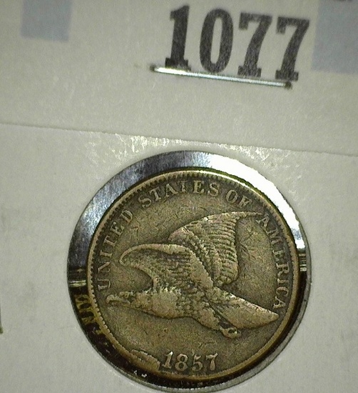 1857 flyng eagle cent, V die cud near date Redbook value $60