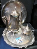 Taunton Sheridan Silversmiths Serving platter with Coffee Pot and lidded Sugar Bowl; & an extra Plat