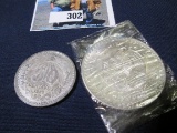 1905 Mexico Fifty Centavos, AU & 1948 Mexico Silver Five Pesos, BU.