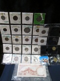 Thailand Banknote and a selection of Carded Foreign Coins.