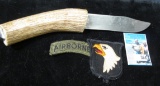 Handmade Knife with Deer Antler handle; Airborne  and screaming Eagle military Patches.