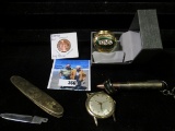 Bullet style Keyring Pen; Knights of Pythias parts knife; automatic Incabloc Watch head in running c