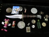 Valor Original Bowie Knife; a few tokens and copies; Mickey Mouse & Pinochio figurines and a few odd