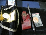 Leather Shotgun Sheath; Heavy chain, Elgin Photo Frame Watch; Letter Opener, and a Copper One Ounce