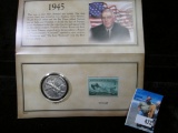 1945 P Historic Walking Liberty Stamp & Coin Collection in a display folder.