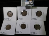 (6) Rare 1922 D Lincoln Cents grading VG-F.