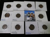 (11) 1922 D Scarce Date Lincoln Cents grading VF-EF. Over $200 at CDN Bid price.