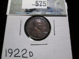 1922 D Lincoln Cent, AU. Semi-key date from a die variety set