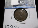1922 D Lincoln Cent, AU. Semi-key date from a die variety set