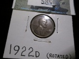 1922 D Lincoln Cent, VF. Rotated die. Semi-key date from a die variety set