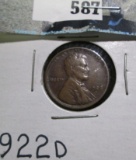 1922 D Lincoln Cent, VF/EF. Semi-key date from a die variety set
