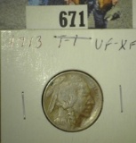 1913 P Type One Buffalo Nickel, VF-EF with a wide toning streak.