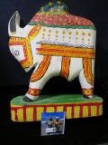 Spanish accentted Brahma Bull carved from Wood. Very Colorful.