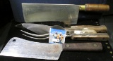 Pair of Meat Clevers; Meat Knife & serving Fork; & a pie server.