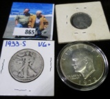 1933 S Semi keydate Walking Liberty Half-Dollar; 1972 S Silver Proof Eisenhower Dollar; & 1943 P U.S