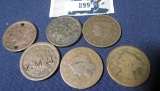 (6) Old U.S. Large Cents in various states of disrepair, including a counterstamped piece.