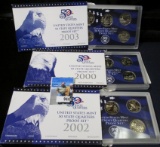 2000 S, 2002 S, & 2003 S Five-piece Proof Quarters Sets in original boxes.