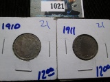1910 & 1911 V Nickels