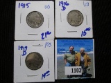 3- Early Date Buffalo Nickels Includes 1915, 1916-D, & 1919-D Buffalo Nickels
