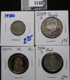 1920 P Buffalo Nickel; 2007 S Proof Sacagawea Dollar; 2016 S Proof Ronald Reagan Dollar; & 2009 S Pr