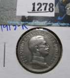 Silver One Lire From Italy Dated 1915-R.  Only 500,000 Minted