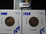 1905 Indian Head Cent & 1934 Wheat Cent