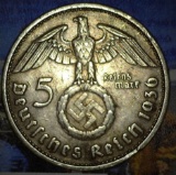 1936 G German Five Mark with Swastika.