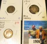 1841 U.S. Liberty Seated Dime, G; 1910 P Barber Dime, VF; & 1948 S Silver Roosevelt Dime, MS 64 FB.