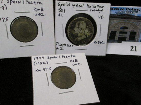 1811-AI Spain De Vellon Coinage, 4 Real, KM540.1, VG; 1947 (1949) Spain 1 Peseta, KM775, R & B Unc;