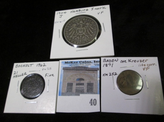 1762 Bocholt 21 Heller, Fine, KM25; 1871 Baden One Kreuzer, KM252, VF, light corrosion; & 1904J Hamb