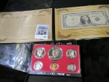 Series 1957B U.S.One Dollar Silver Certificate in a vinyl display holder; & 1973 S U.S. Proof Set in