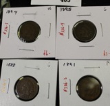 Group of 4 Indian Head Cents, 1888 G, 1891 F+, 1894 VG better date, 1895 G, group value $17+