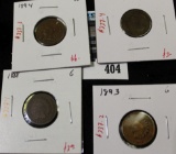 Group of 4 Indian Head Cents, 1888 G, 1893 G, 1894 VG better date, 1896 G, group value $15+