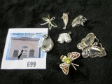 Group of 7 sterling silver charms, includes an ornate butterfly with opals, a bumblebee, a dragonfly