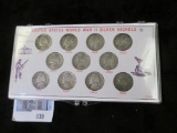 Complete set of 11 WWII Silver War Nickels, 1942-1945 PDS, in a plastic holder