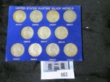 Complete set of 11 WWII Silver War Nickels, 1942-1945 PDS, in a plastic and cardstock holder