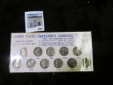 Complete set of 11 WWII Silver War Nickels, 1942-1945 PDS, in a plastic and cardstock holder