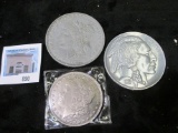 Group of  oversized reproduction coins, 1913-S buffalo nickel, 1895 Morgan Dollar & 1879 Morgan doll
