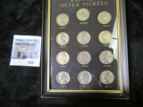 Complete set of 12 WWII Silver War Nickels, 1942-1945 PDS, in a metal and glass frame, 12th coin (BO
