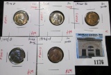 Group of 5 toned Lincoln Cents - (2) 1940 BU, 1940-D BU, 1942-D BU neon blue, 1942-S high AU, group