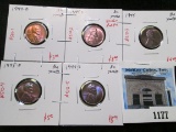 Group of 5 BU toned Lincoln Cents - 1944-D, 1944-S blue and purple, 1945PDS, all purple, very colorf