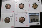 Group of 5 toned Lincoln Cents - 1950-D UNC, 1950-S AU, 1951PS BU & 1951-D with unusual album toning