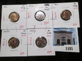 Group of 5 BU toned Lincoln Cents - 1952PD, 1953PDS, blues purples roses and pinks, very colorful gr