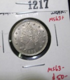 1883 NO CENTS V Nickel, BU, MS63+, no wear! value $50+