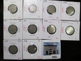 Group of 10 V Nickels - 1897, 1899, 1900, 1910, 1911, 1912-D all G; 1903, 1907, 1908 all VG & 1911 F