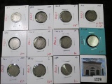 Group of 11 V Nickels - 1898, 1911 both G; 1899, 1901, 1907, 1911, 1912, (2) 1912-D all VG & 1905, 1
