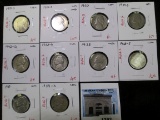 Group of 10 Jefferson Nickels - 38PDS circ, 39 UNC, 39DS 42D 50 circ, 50D UNC toned, 51S circ, group